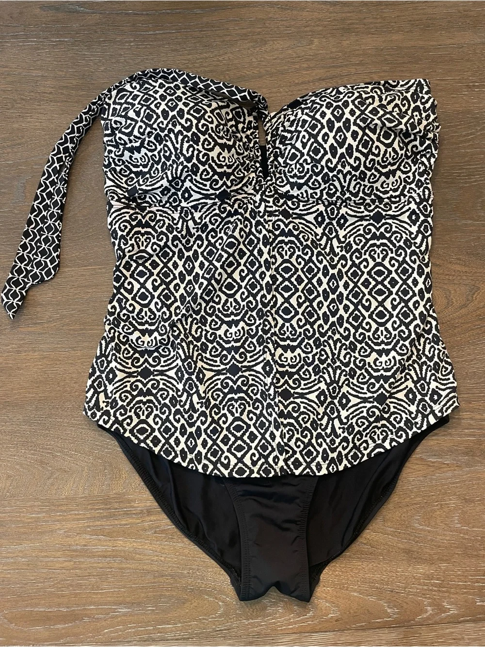Jones New York Black & White Printed One-Piece Swim with Halter Strap